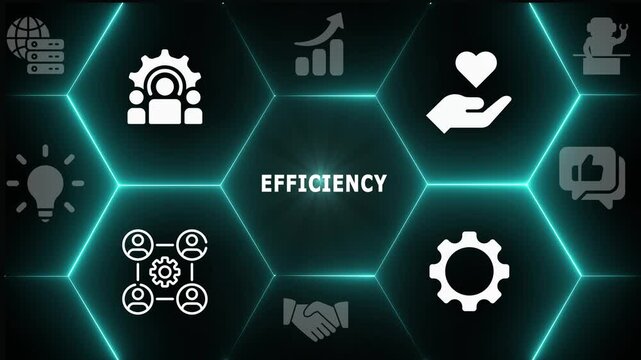 A futuristic business interface with glowing hexagon networks and white icons representing efficiency, optimized processes, and technological growth.