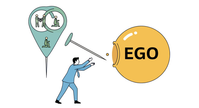 Man Striving to Burst Ego Bubble with Pin