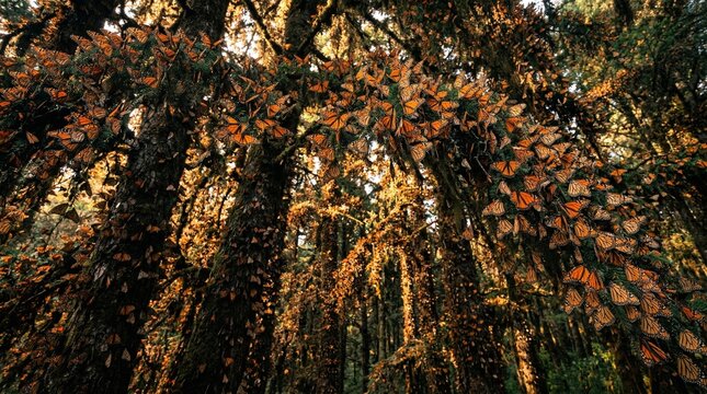 Majestic Monarch Butterflies Blanket Ancient Trees in a Serene, Sun-Dappled Forest Sanctuary