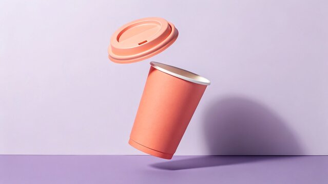 A peach-colored disposable cup with lid floating in mid-air on purple background