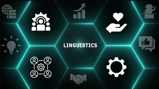 Digital linguistics concept on glowing cyan background with communication icons for global language technology.