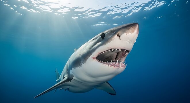 Great white shark swimming in deep blue ocean water with mouth open showing sharp teeth under bright sunlight beams during a daytime encounter