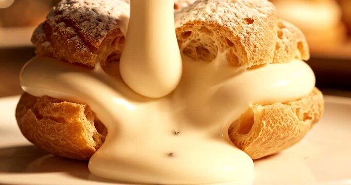 Cream filled pastry dessert being poured.