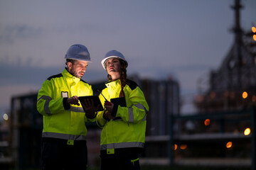 Engineers collaborating using tablet at industrial refinery at night © Apichat