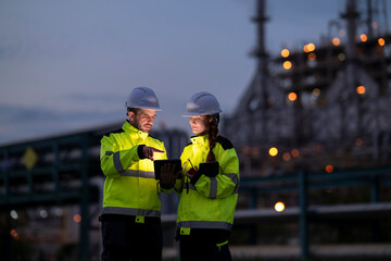 Fototapeta premium Engineers discussing refinery project using tablet wearing safety gear
