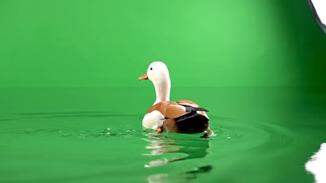 The indian runner duck swims peacefully on calm green water with a green background