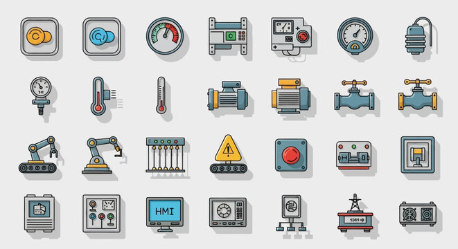Industrial Automation and Manufacturing Equipment Icons Set