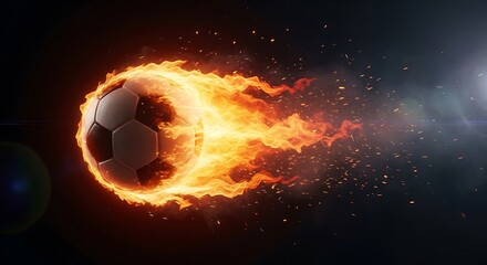 Fototapeta premium Flaming soccer ball flying through dark space with bright fire trail and glowing sparks showing high speed and intense power in sports competition