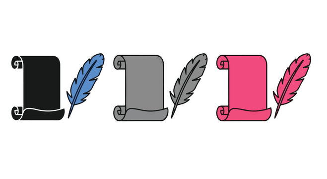 Colorful illustration of three scrolls with feathers on a white background, conveying a creative and artistic mood with vibrant colors.