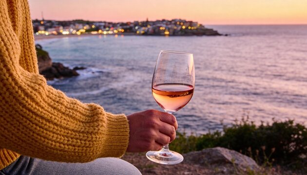 Person in a yellow sweater holding a glass of pink wine overlooking a serene ocean view at sunset