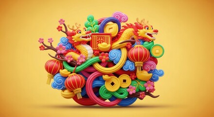 Fototapeta premium Vibrant Chinese Dragon Design with Lanterns and Floral Elements