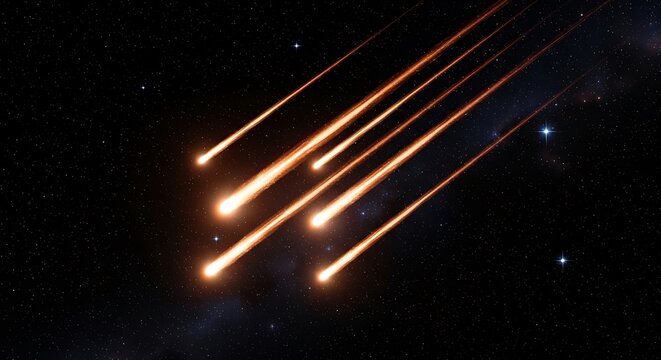 Glowing meteor shower streaking across the dark night sky with bright orange trails and distant stars in the deep cosmos of the outer universe