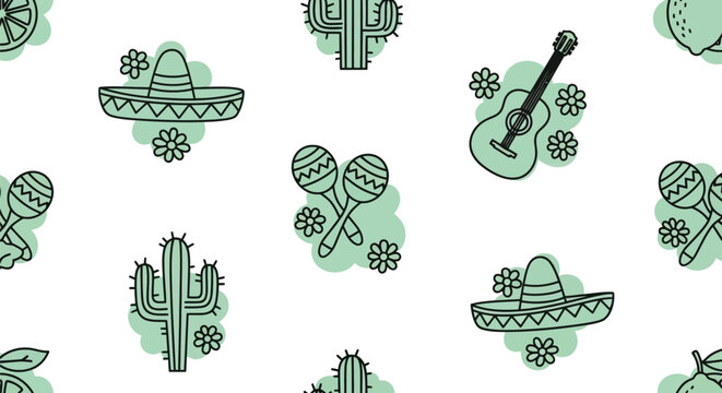 Mexican fiesta seamless vector pattern with sombrero, cactus, guitar, maracas, and flowers
