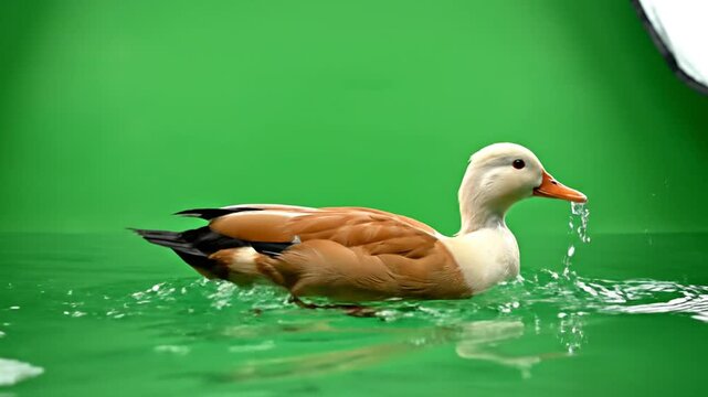 An indian runner duck swims in green water with a green background