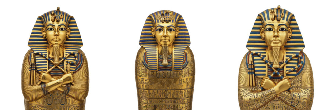 Set and collection of ancient Egyptian golden pharaoh sarcophagus and Tutankhamun masks isolated on white transparent png background.