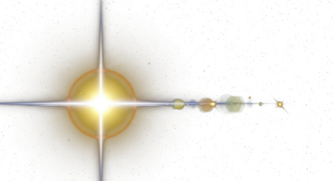 Yellow and white glowing light flare effect with sun sparkle and starlight effect on transparent backgroundon black background