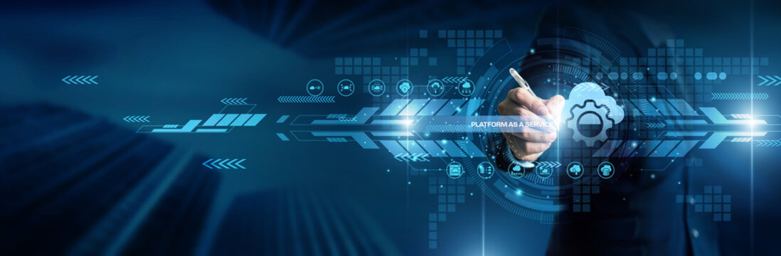 Platform as a service concept. Industry person point platform as a service cloud system world technology online development software network digital solution connection server.