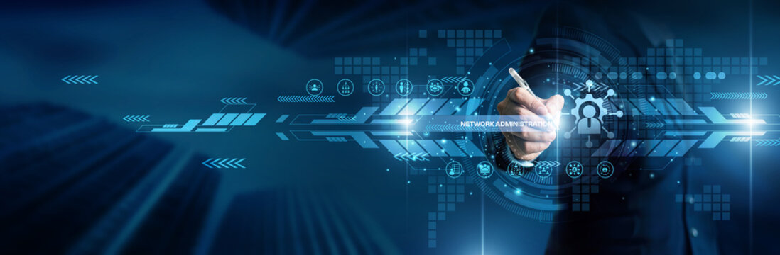 Network administration concept. Industry person point network administration server control system world technology internet management digital connection computer security maintenance support.