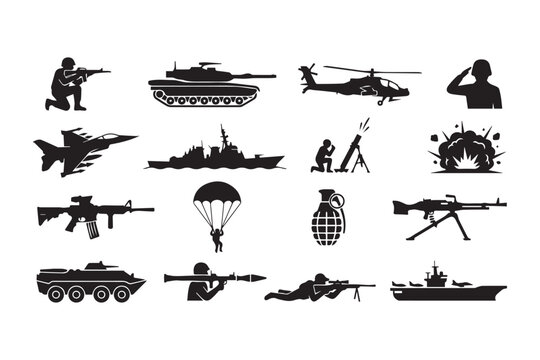 Military and War Silhouette Vector Icon Set: Army Vehicles, Soldiers, and Weapons