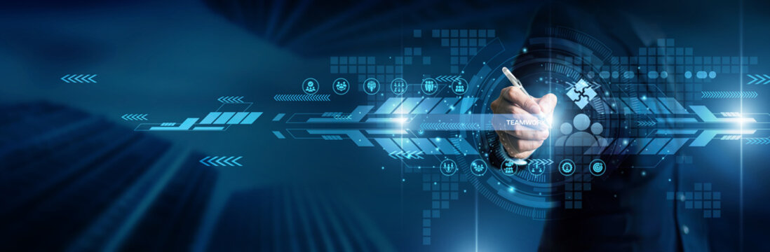 Teamwork concept. Industry person point teamwork collaboration project group world business communication strategy coordination task technology solution connection success innovation process.