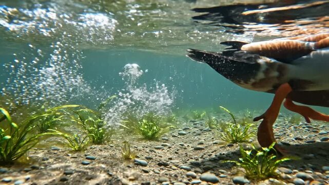Underwater scene of an indian runner duck swimming near aquatic plants with bubbles rising to the surface in clear water