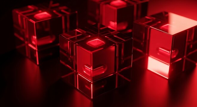Glowing red glass cubes with internal neon light reflecting on a dark polished surface for futuristic technology and data science concept design