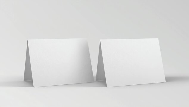 Promotional table talker isolated on white background, mockup template paper tri-fold vertical triangle cards with reflections. white sheets front & left and right view. 3d render 