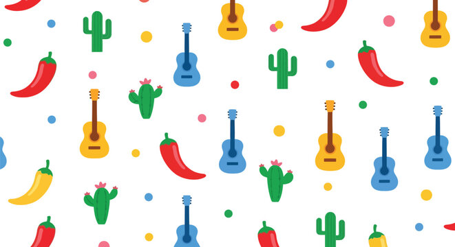 Mexican fiesta seamless vector pattern with cactus, chili peppers, and guitars on white background