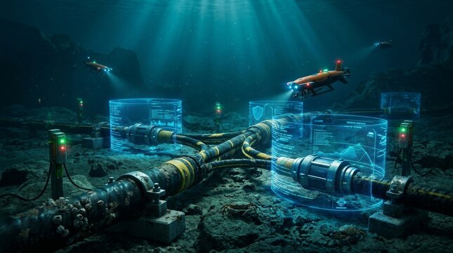 Underwater Data Cables and ROVs on the Ocean Floor.
