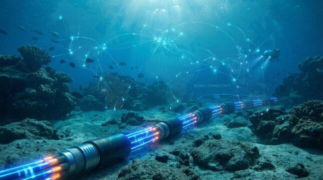 Underwater Fiber Optic Cable Illuminating the Ocean Floor with Data Flow.