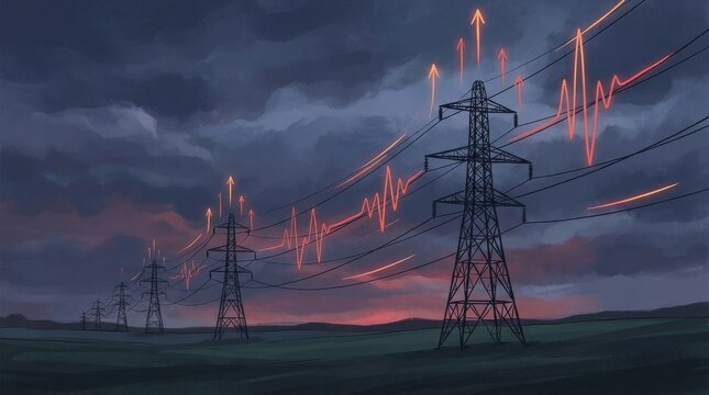 Electricity pylons at dusk with superimposed energy price graph.