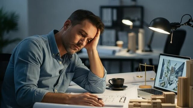 Tired Male Architect Working Late on Sustainable Urban Design Project in Home Office