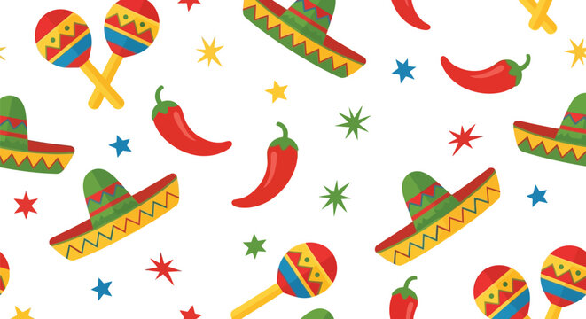 Mexican fiesta vector pattern with sombrero, maracas, chili peppers and colorful festive elements