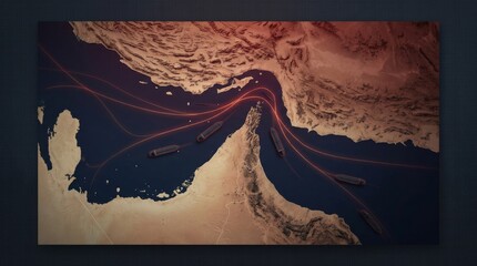 Satellite view of the Strait of Hormuz showing shipping lanes and maritime traffic a critical choke point for global oil trade.