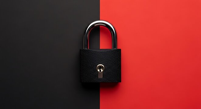 Black padlock on a split red and black background for cyber security data protection privacy safety and secure access control minimalist theme
