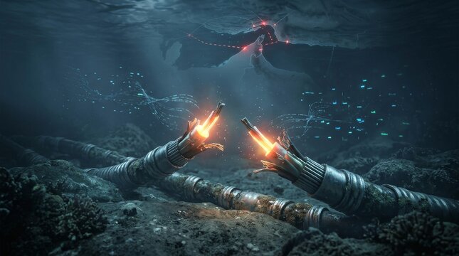 Submarine cables glowing underwater connecting the worlds digital infrastructure.