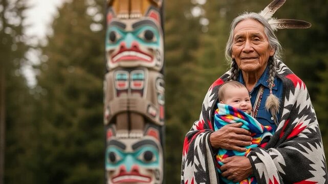 Indigenous Elder Holding Baby by Totem Pole, Intergenerational Cultural Heritage and Legacy