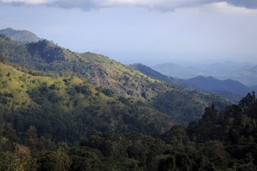 Naklejka premium Scenic View of Rolling Green Mountain Slopes and Deep Valley Under a Hazy Sky