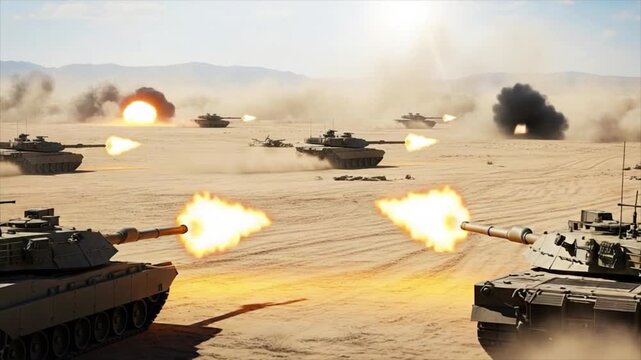 Tank battle in the desert: A squadron of modern tanks engages in a fierce battle across the vast, arid expanse of the desert, creating a scene of intense conflict and power.