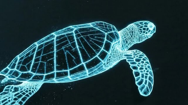 Futuristic Holographic Turtle Swimming Gracefully Underwater | Sci-Fi 4K Stock Footage