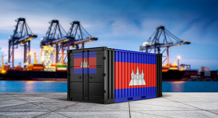 Cambodian Shipping Container: A vibrant container bearing the Cambodian flag sits in a bustling port, symbolizing international trade and the nation's connectivity to the global economy. © bao