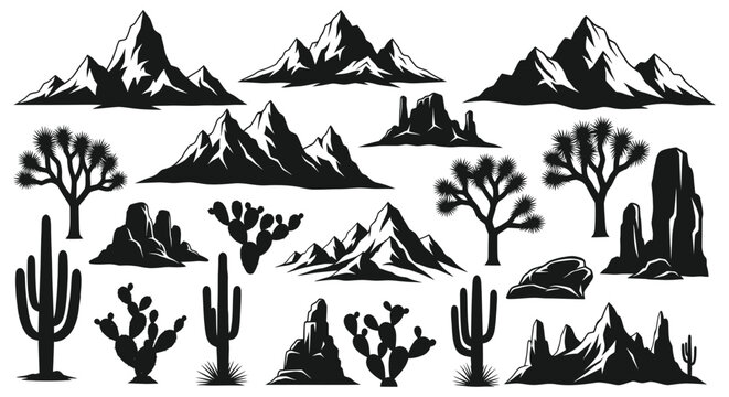Desert Landscape Elements: Mountains, Cacti, Joshua Trees, Rocks - Vector Set