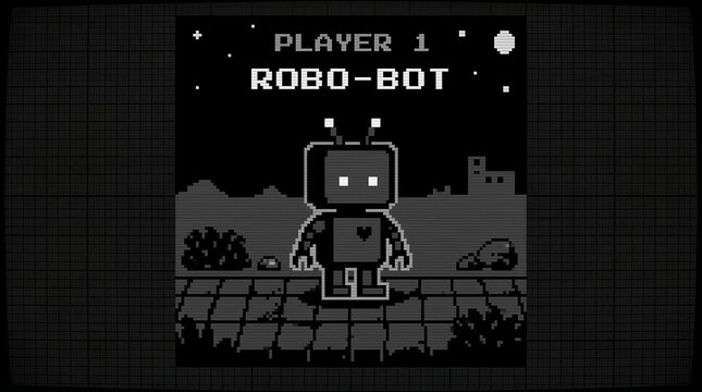 Vintage 8-bit Pixel Art Robot Character on CRT Screen