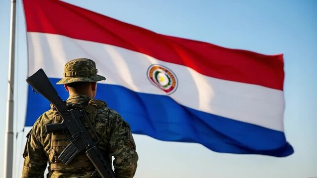Paraguayan Military Service Member in Camouflage Standing Before National Flag