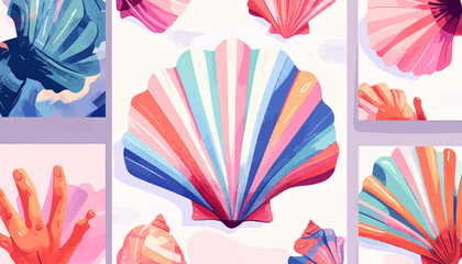 Obraz premium Vibrant seashells are arranged artistically on a table indoors.