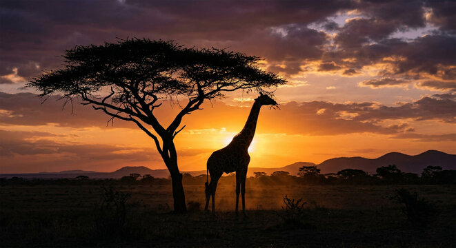 A dramatic, wide-angle landscape photograph of a lone reticulated giraffe feeding from the canopy of a flat-topped acacia tree in the Kenyan savanna. The sun is setting directly behind the animal