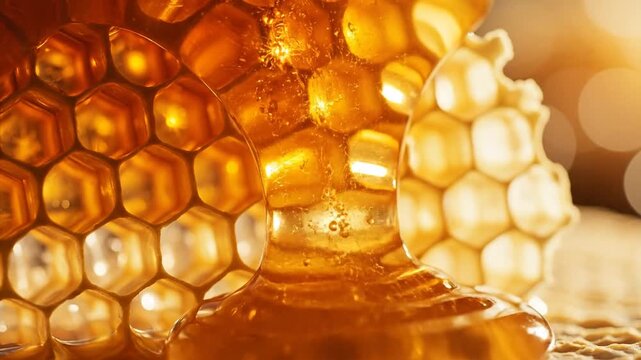 Close-up of golden honey dripping down a honeycomb, showcasing the natural sweetness and intricate hexagonal patterns of the beehive.