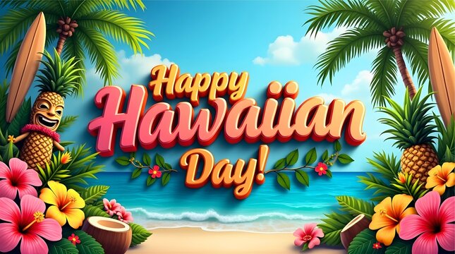 Festive Hawaiian Day illustration featuring bold tropical text surrounded by palm trees, surfboards, pineapples, coconuts, hibiscus flowers, ocean waves, and bright blue sky