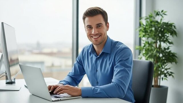 Young Caucasian Male Software Developer Working Remotely in Modern Home Office