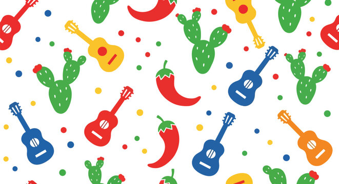 Mexican fiesta seamless vector pattern with guitars, cactus, chili peppers, and colorful dots